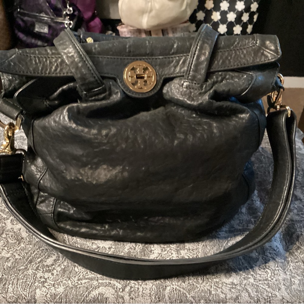 Tory Burch black leather large shoulder bag with handles and strap gold hardware